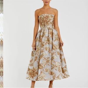 Mac Duggal Strapless Brocade Fit And Flare Midi Ivory Bronze Dress #20716 Sz 10